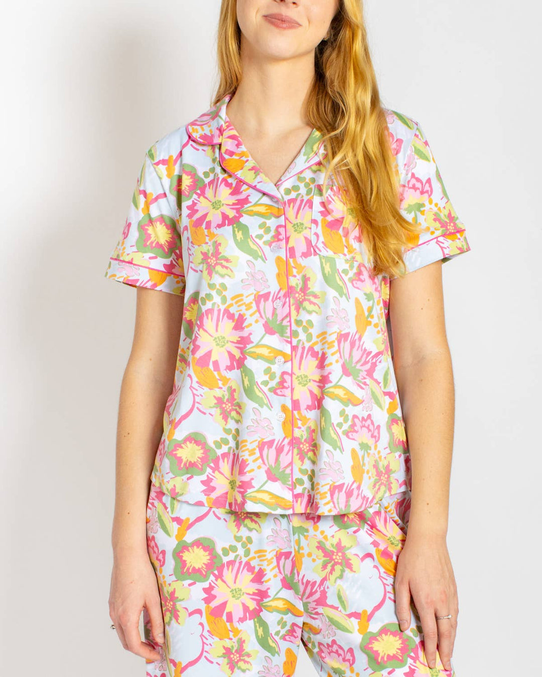 The Royal Standard - Summer Bouquet Short Sleeve Button Up Sleep Shirt   Pink/Blue/Multi   -Asst.: Large