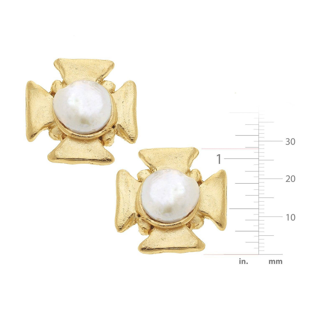 Susan Shaw - Gold Cross with Genuine Freshwater Pearl Pierced Earrings