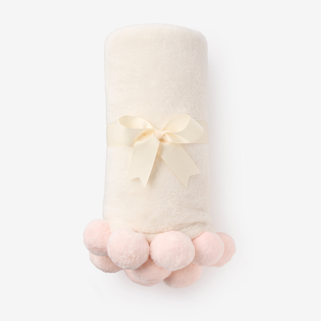 30X40 Flannel Fleece Pom Blanket Pink
