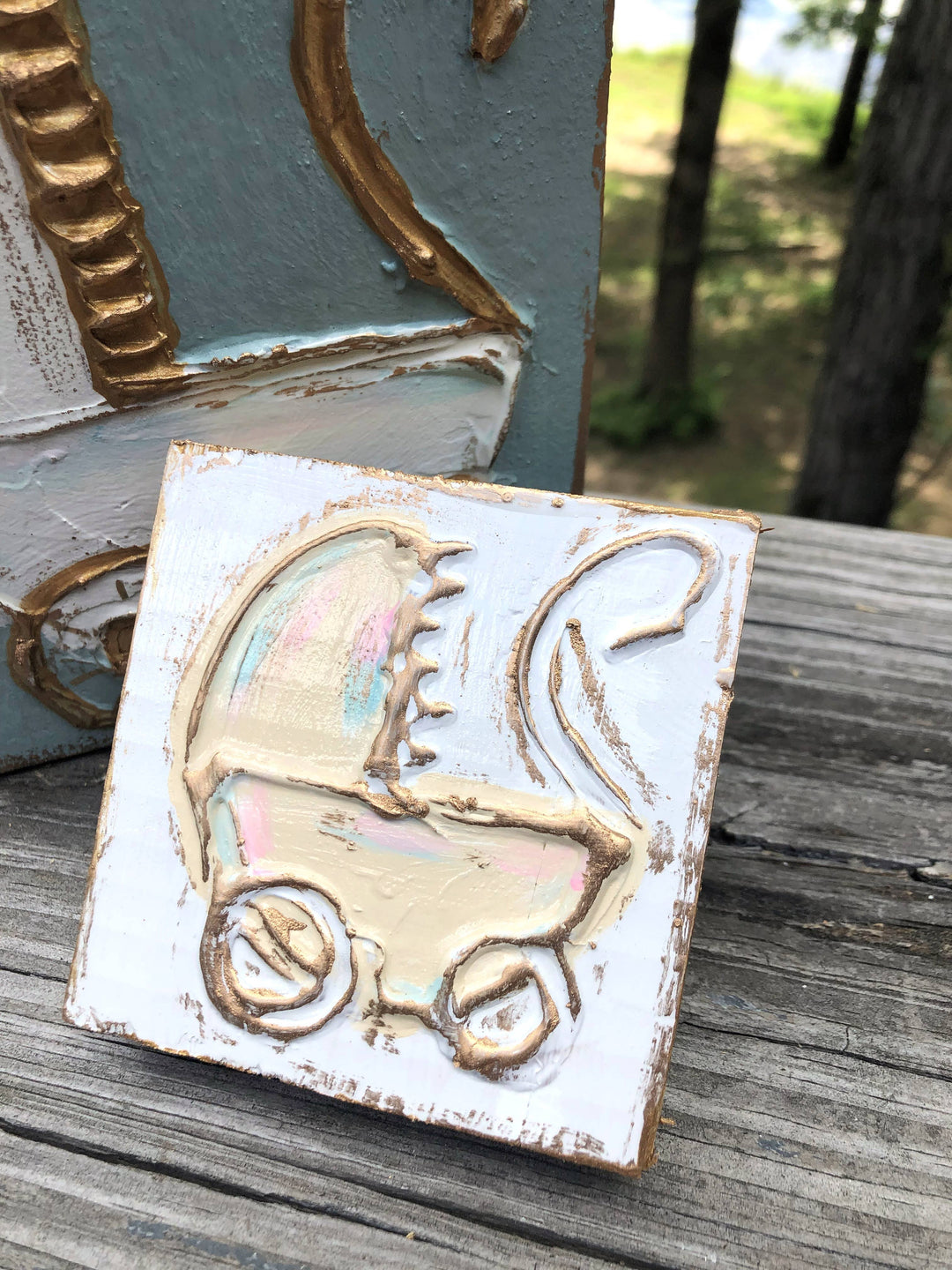 Coddiwomple - Baby Carriage handmade textured wood block: Cream background / Mini block (3x3)