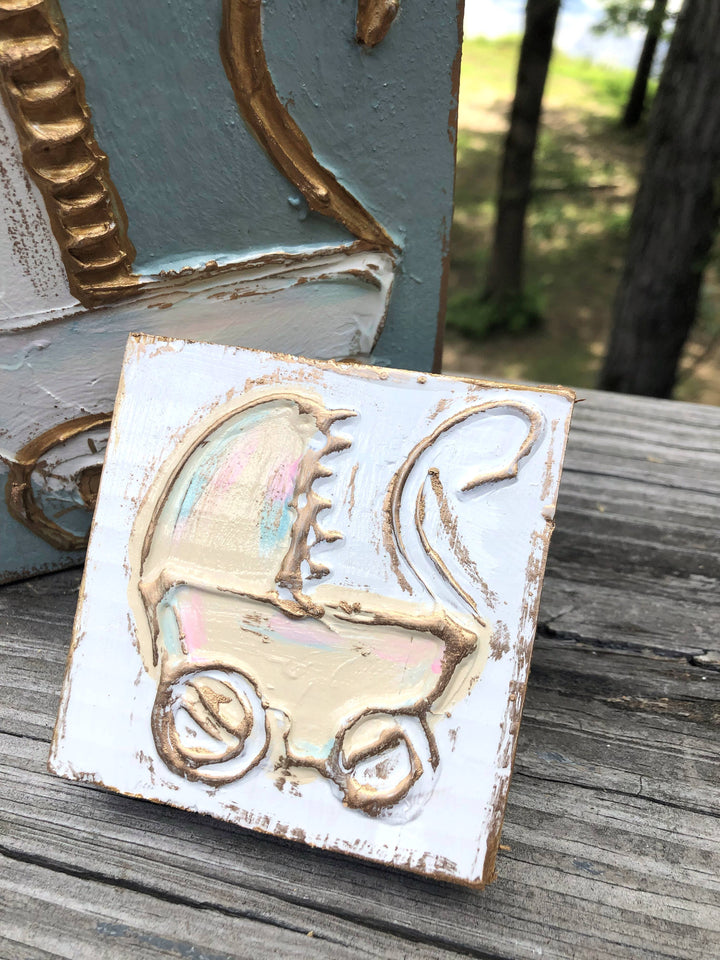 Coddiwomple - Baby Carriage handmade textured wood block: Cream background / Mini block (3x3)