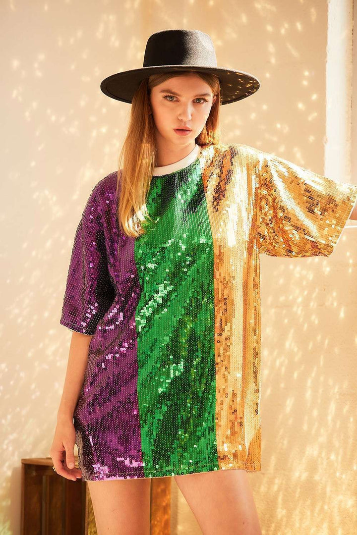 Main Strip - Mardi grass Color Block Sequin Tunic Top: PURPLE/GREEN/GOLD / S