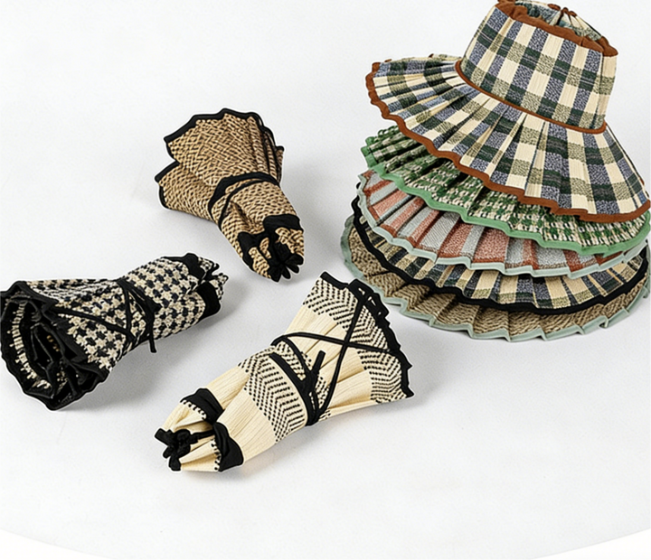 MKS America - Boho Checkered Straw Hat Foldable Beach Sun Hat: TGrass / M