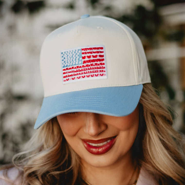 Katydid - American Flag Two-Toned Fitted Hat: Light Blue and Tan
