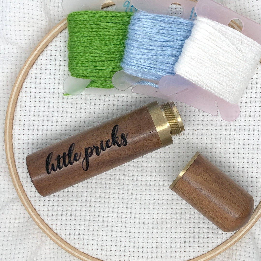 Snarky Crafter Designs - Little Pricks Engraved Needle Case: Snarky Embroidery Cross Stitch Quilting Custom Solid Wood Brass Screw Top Needle Storage Tube Container: On Pins & Needles