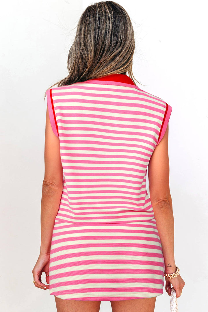 Striped Sleeveless Polo Two-Piece Set Casual Outfit: Bright Green / XL