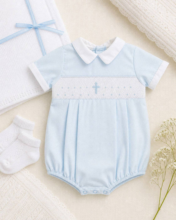 Julius Berger & Carriage Boutique - Boy Christening & Baptism Short Set – Hand Smocked Cross Blue by Carriage Boutique: 6M