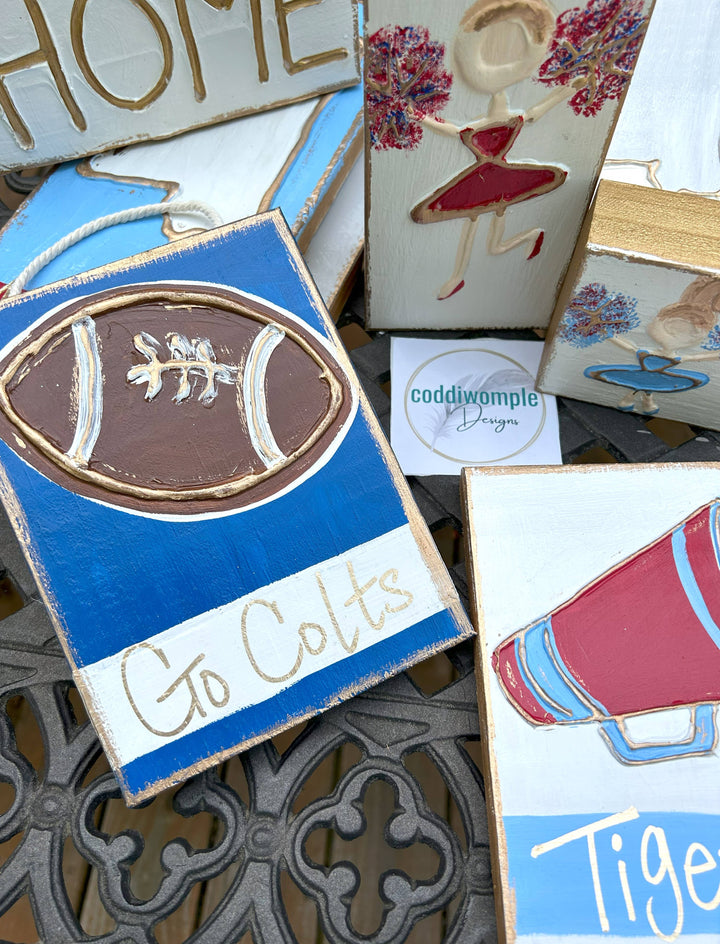 Coddiwomple - Cheer megaphone custom art - w/ school hometown city team: 5x7 Wood panel w/ rope