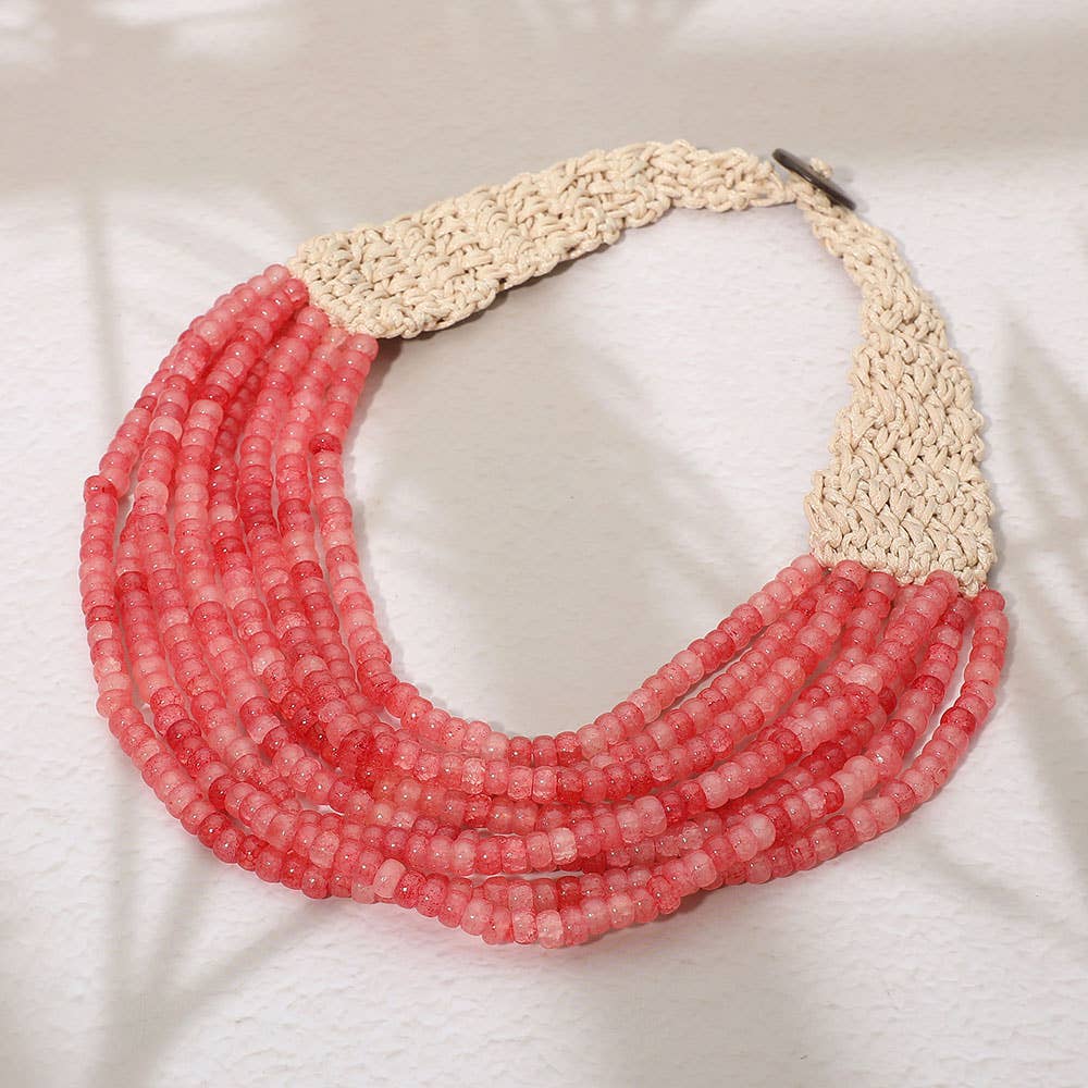Sensibling Corp. - Woven Detail Multi Strand Beaded Collar Statement Necklace: Light Blue