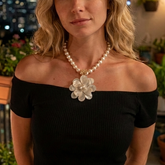 Bijoux Envie Statement Jewelry - Mother of Pearl Flower Necklace | Handmade Statement Jewelry