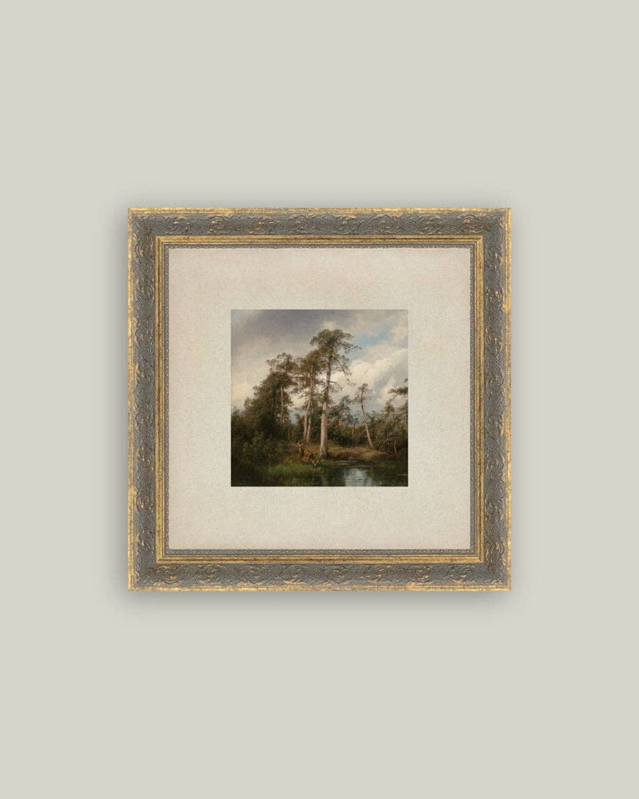 Petal Lane Home - Live Oaks with Deer Framed Antique Art: 9x9