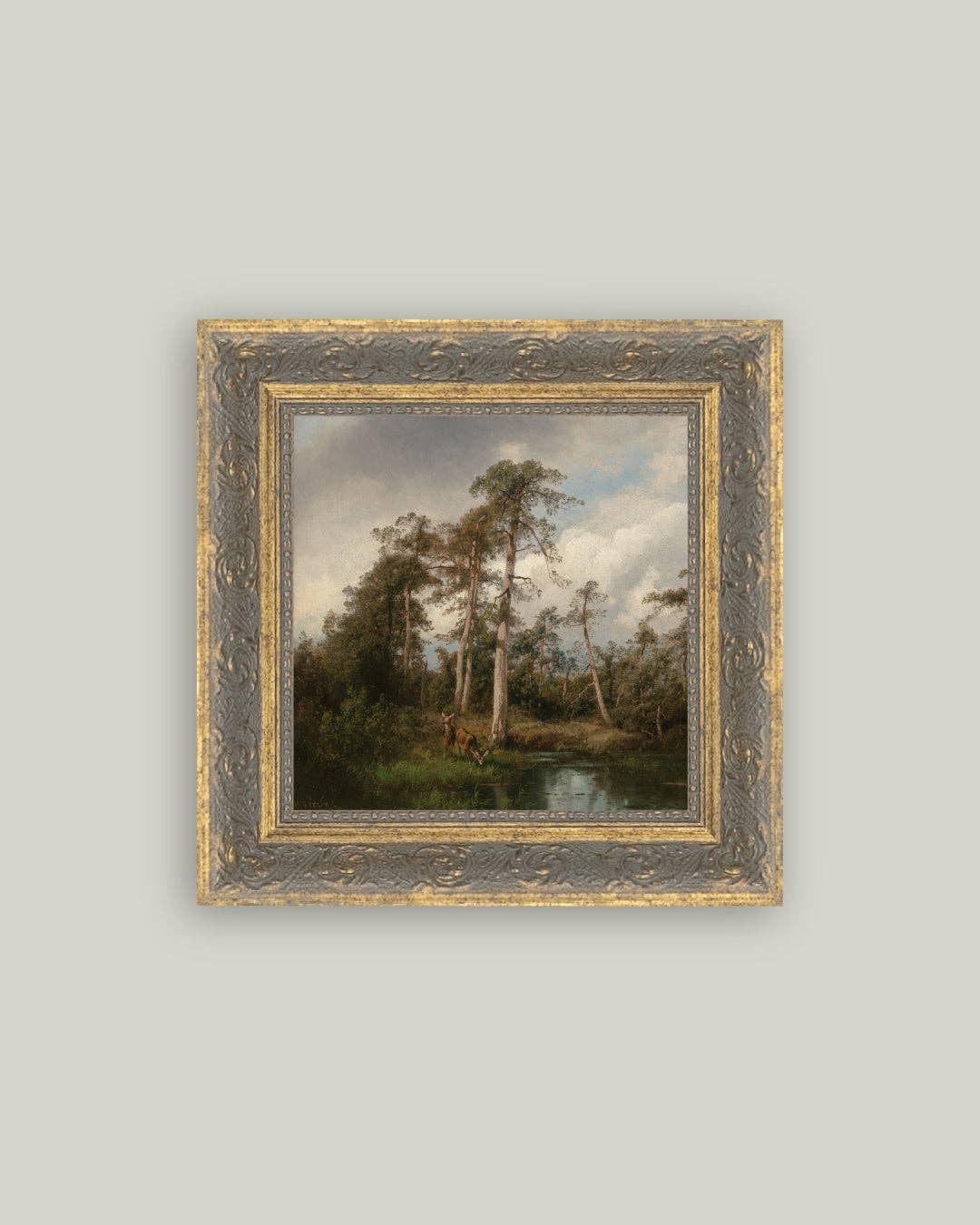 Petal Lane Home - Live Oaks with Deer Framed Antique Art: 9x9