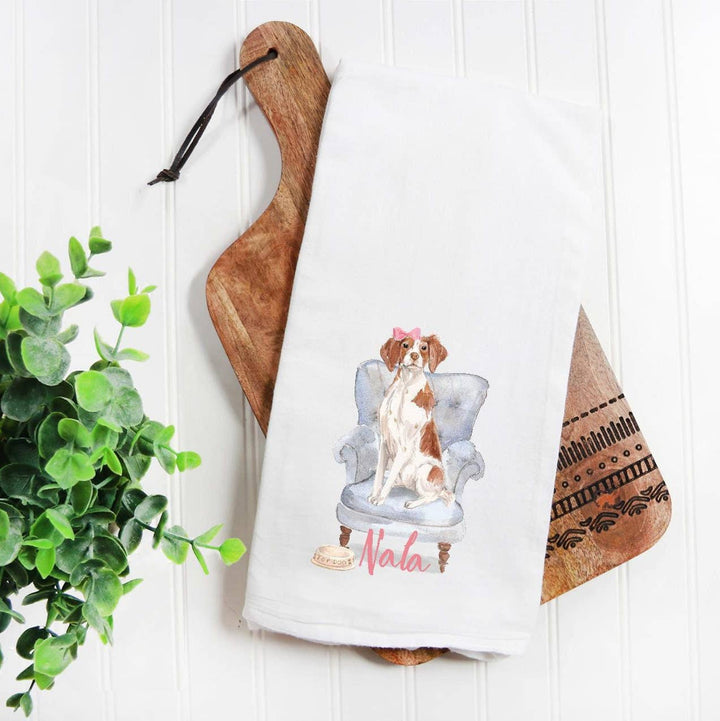 The Preppy Pineapple Home - Brittany Spaniel Flour Sack Tea Towel, Personalized Pet Gift: Captain Hat / Palm Chair