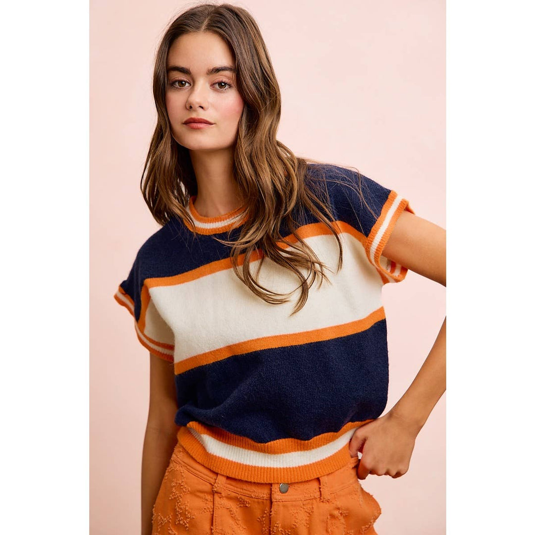 BiBi - GAMEDAY THEME COLORBLOCK REALXED FIT KNIT TOP: NAVY/ORANGE / S
