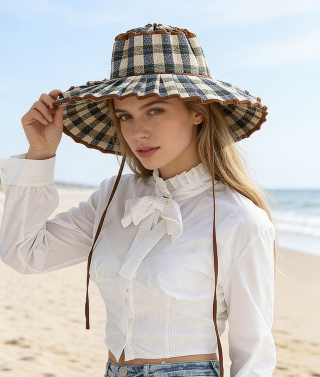 MKS America - Boho Checkered Straw Hat Foldable Beach Sun Hat: TGrass / M