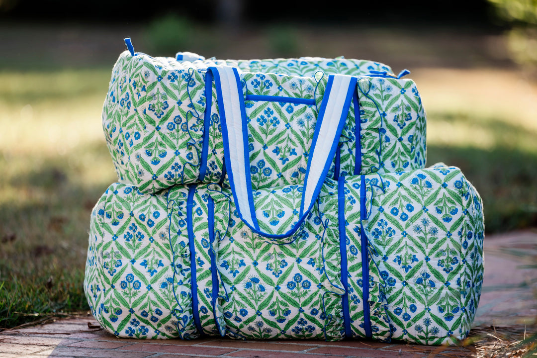 Jardin Bleu Luxe | Large Quilted Duffle Bag