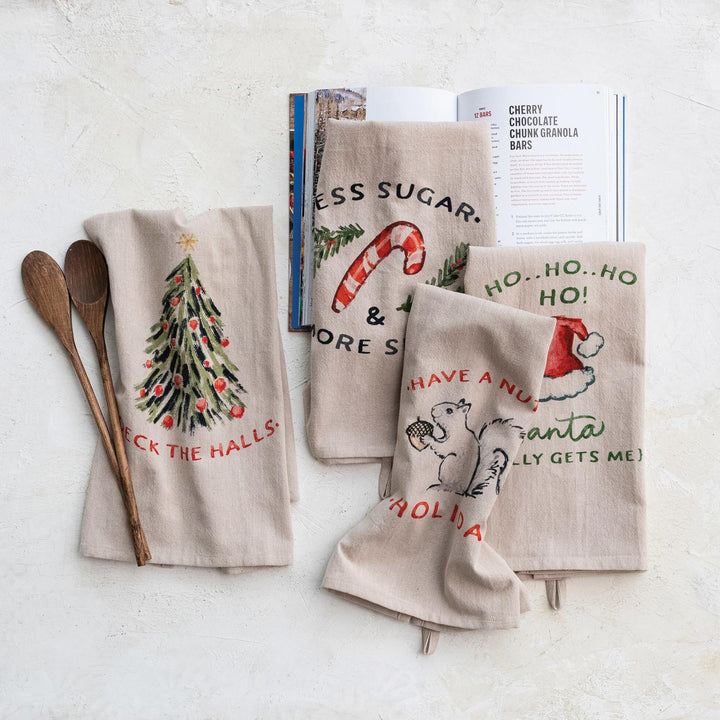 Cotton Printed Tea Towel w/ Holiday Saying, Image & Loop, 4 Styles e