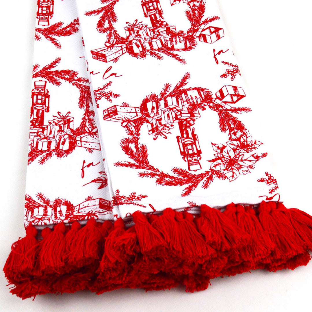 2 Piece Set Holiday Toile Red Tassel Kitchen Towels