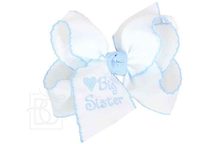Beyond Creations, LLC - Embroidered Big Sister & Lil Sister Crochet Edge Bow: White w/ Pink Crochet Edge / 4.5" Large / Lil Sister