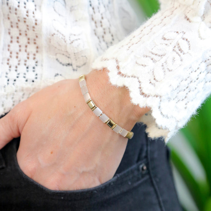 Bracelet - Patty, Miyuki Tila stretch bracelet, shiny white, Gold