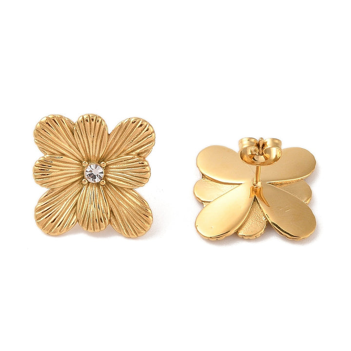 Stainless Steel Inlay Rhinestone Stud Earrings, for Women, PVD Vacuum Plating, Flower, Golden Size: about 19.3mm wide, 19mm lomg.