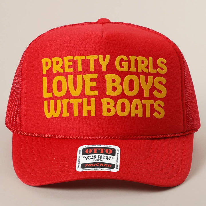 Fashion City - Pretty Girls Love Boys With Boats Text Print Mesh Back Cap: Pink / ONE SIZE
