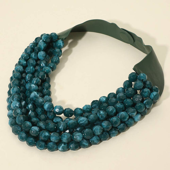 Sensibling Corp. - Marbled Faceted Ball Beaded Multi Layered Faux Leather Magnetic Necklace: Navy