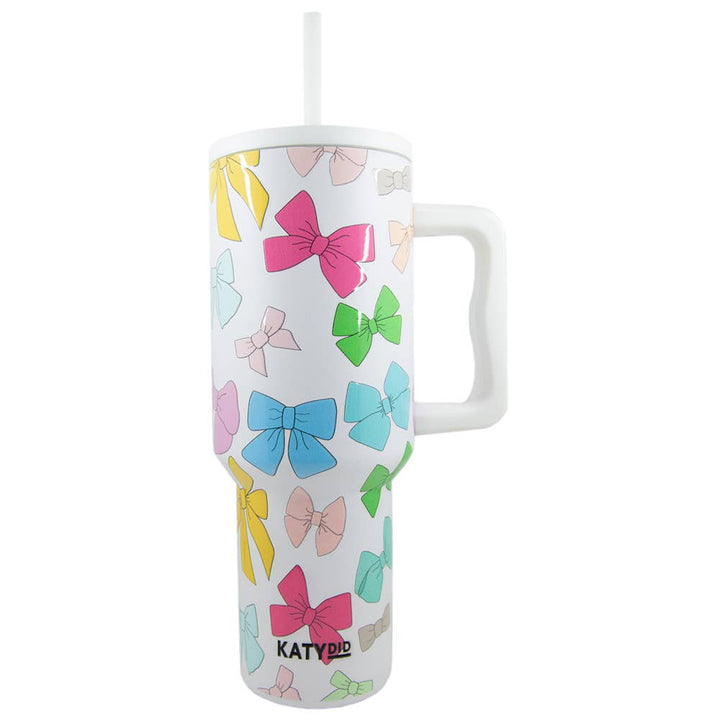 Katydid - Multicolored Coquette Bows 38 Oz Tumbler w/ Handle: White