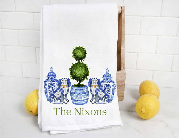 The Preppy Pineapple Home - Personalized Chinoiserie Staffordshire Ginger Jar Tea Towel