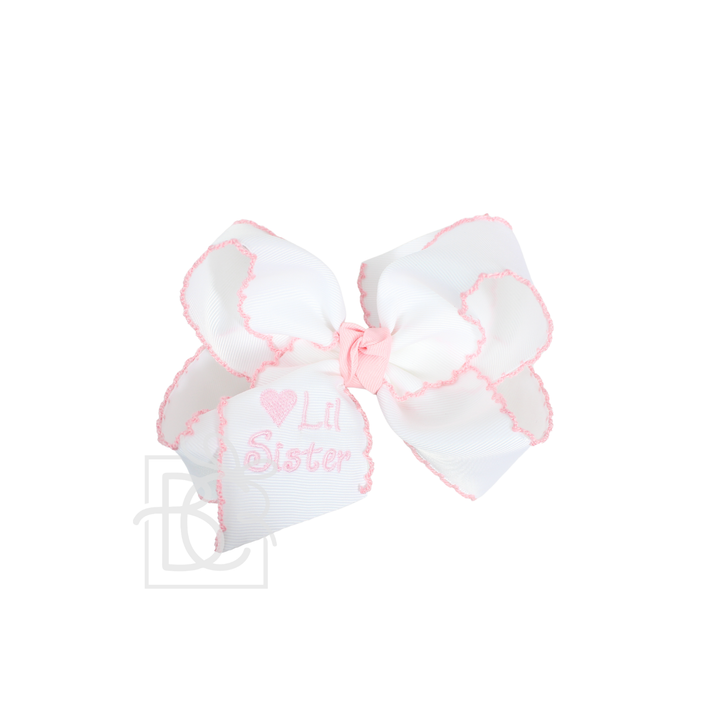 Beyond Creations, LLC - Embroidered Big Sister & Lil Sister Crochet Edge Bow: White w/ Pink Crochet Edge / 4.5" Large / Lil Sister