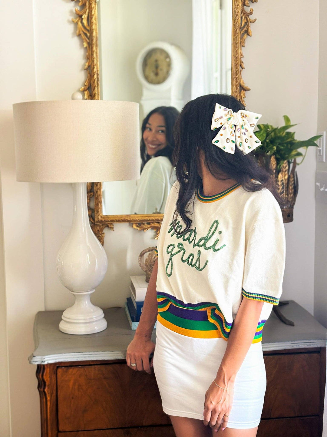 Mardi Gras Creations - Bejeweled Velvet Bow - White