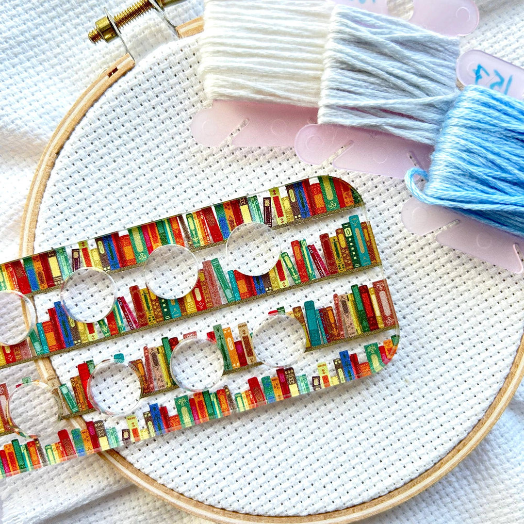 Snarky Crafter Designs - Books on a Bookshelf Embroidery Floss Organizer for 20 Colors | Reader's Transparent Thread Holder: Peacock Feathers