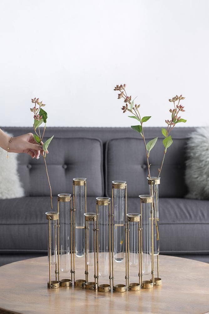 A&B Home Group Inc. - 17.5x2x14" Glass Vial Flower Vase with Bronze Iron Frame