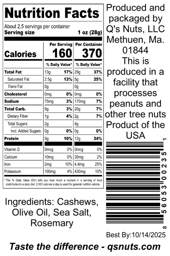 Q's Nuts, LLC - 2.25 oz Rosemary with Sea Salt Cashew