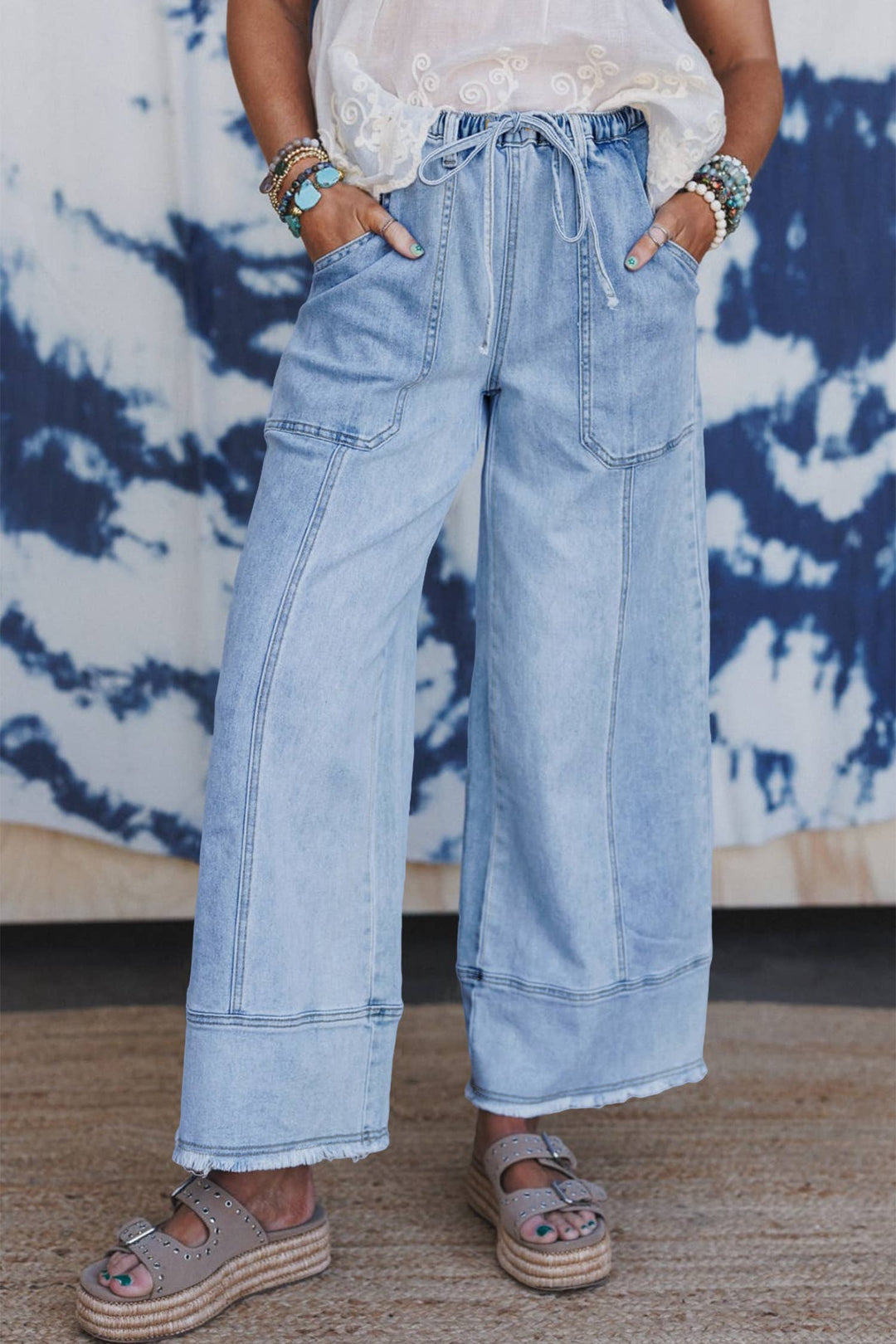 Drawstring Seam Detail Raw Hem Wide Leg Denim Pants: Beau Blue / 8