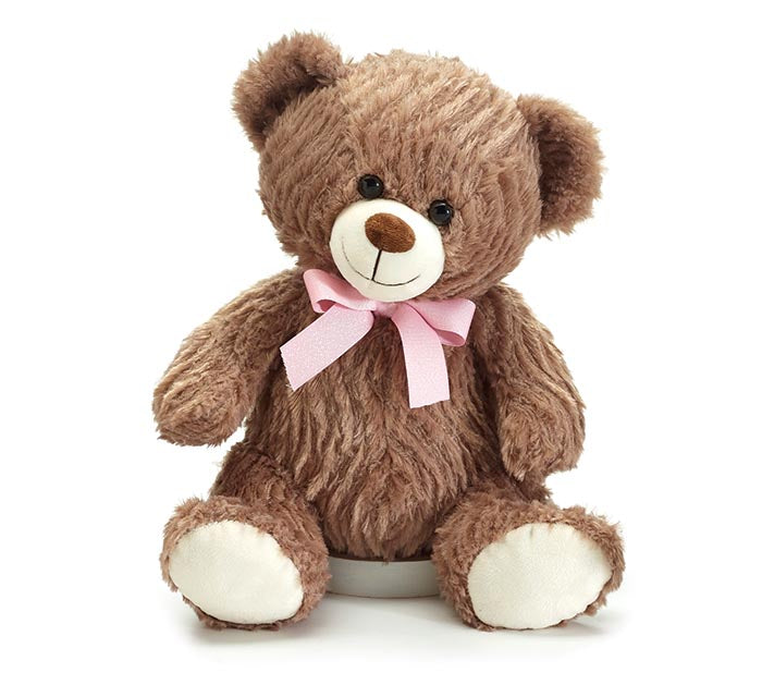 PLUSH 12" WAVY FUR BEAR PINK RIBBON BOW