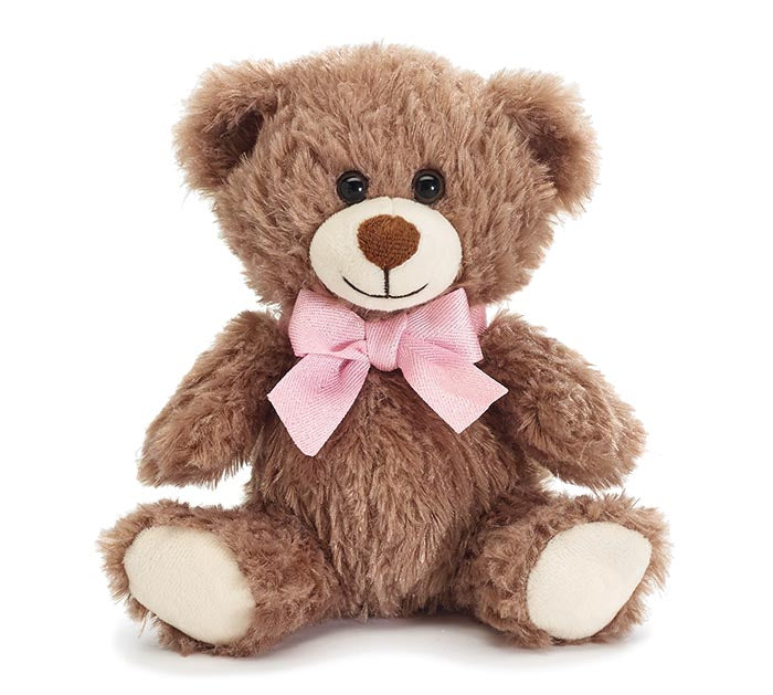 PLUSH 7" WAVY FUR BEAR PINK RIBBON BOW