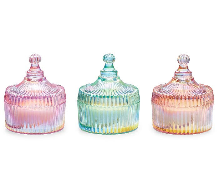 CANDLE IN IRIDESCENT GLASS W/LID ASTD COLORS