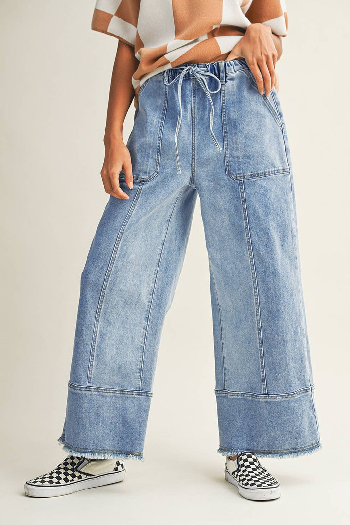 Drawstring Seam Detail Raw Hem Wide Leg Denim Pants: Beau Blue / 16
