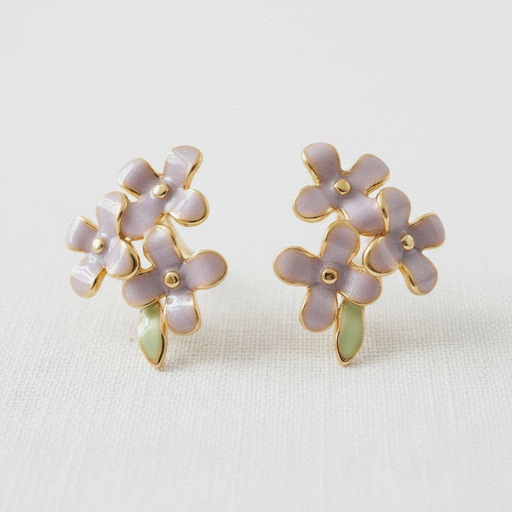 Ellemadera - Vintage Enamel Purple Flower Stud Earrings