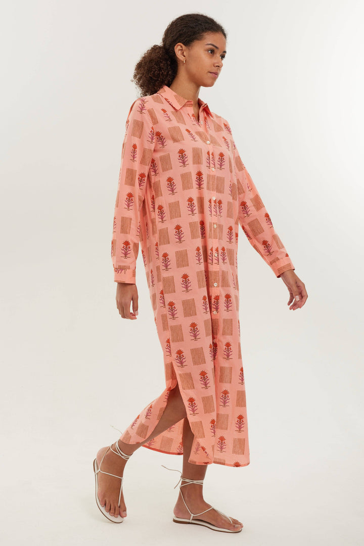 BECASA - Cotton Shirt Dress - Coral Bloom: XS/S