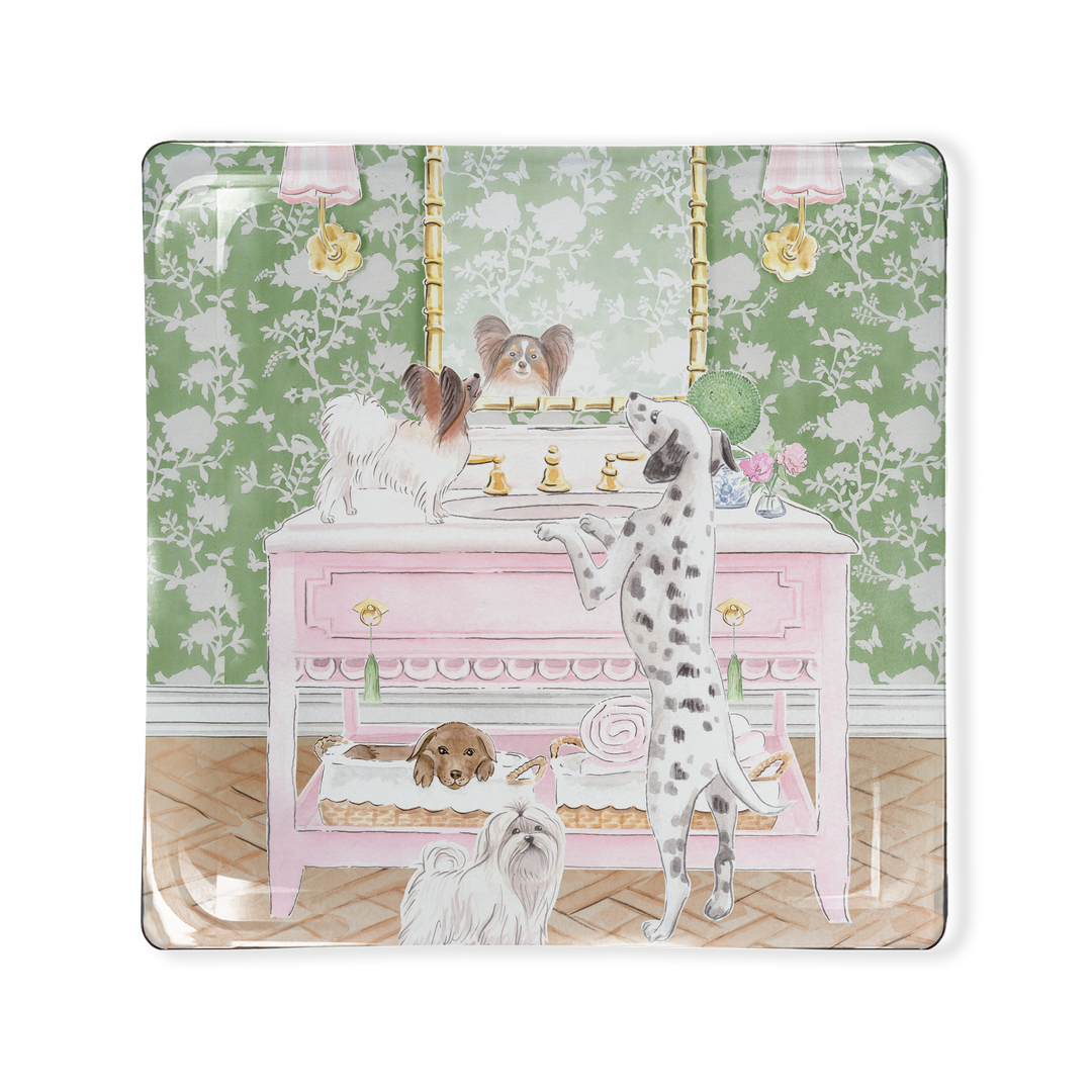 Toss Designs - Teddy & White Stork Glass Tray - Dogs w pink vanity