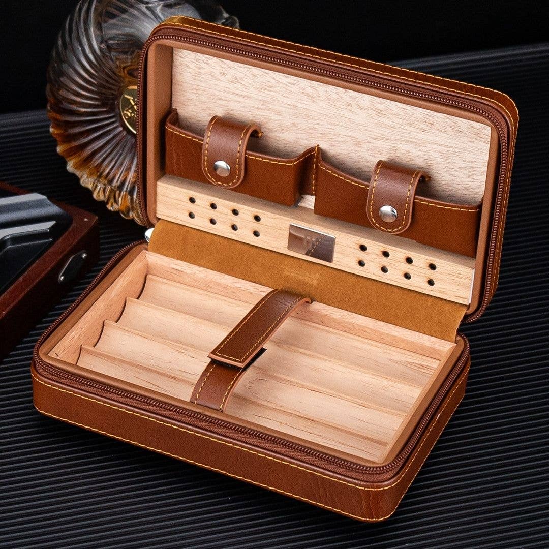 Fluid And Fire - Dominus 4-Slot Leather Travel Case – Torch, Cutter & Humidity Chamber: Maroon Case + Yellow Torch + Cutter