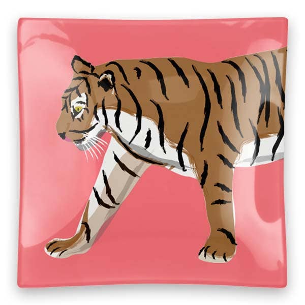 Clairebella - Walking Tiger Square Glass Trinket Tray: Navy