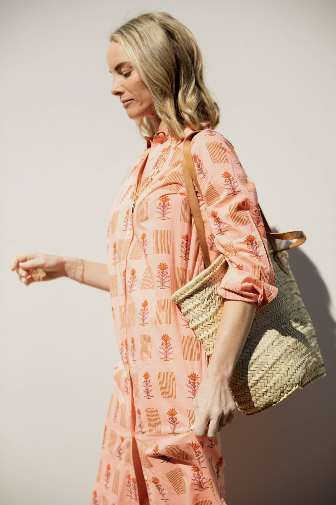 BECASA - Cotton Shirt Dress - Coral Bloom: XL