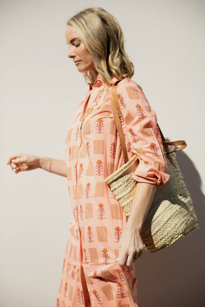 BECASA - Cotton Shirt Dress - Coral Bloom: XL