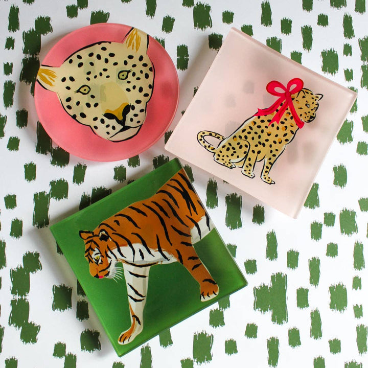 Clairebella - Walking Tiger Square Glass Trinket Tray: Navy