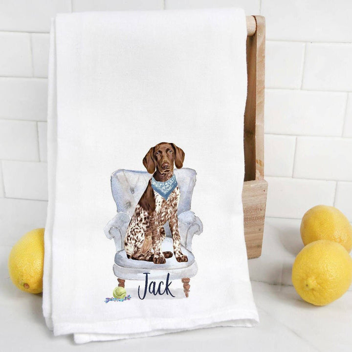 The Preppy Pineapple Home - Custom Brown Pointer Flour Sack Towel with Pet Name: No Accessory / Palm Chair