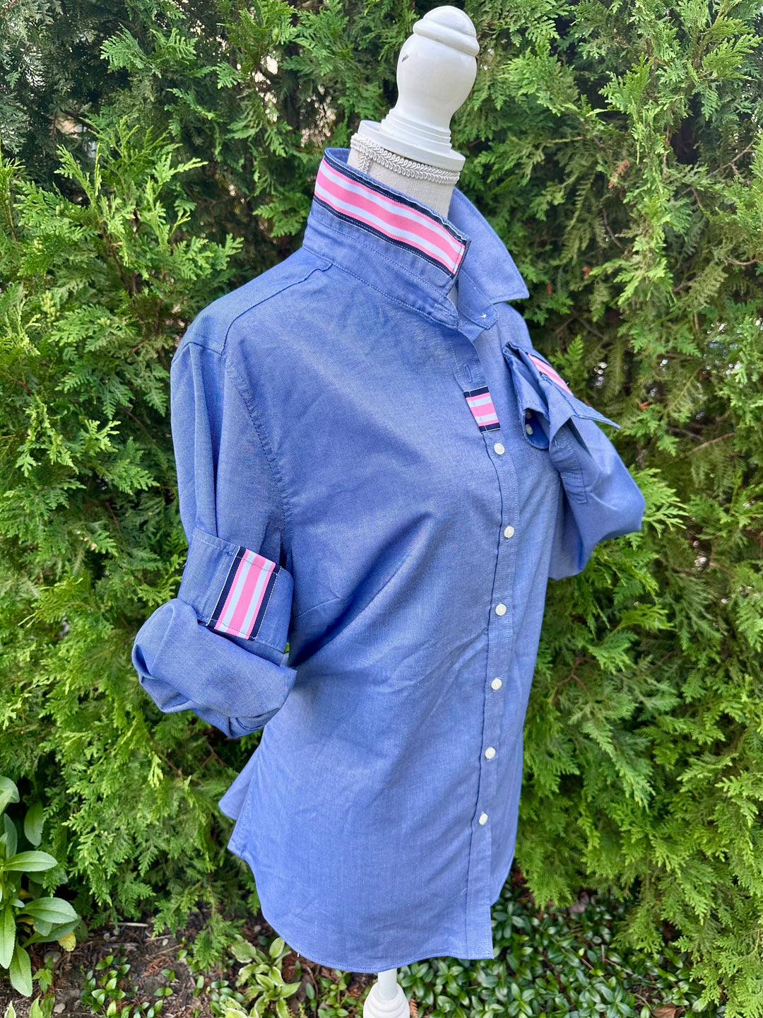 Pearly Vine - Casie 2 - Navy Oxford w/Navy, White & Pink Stripe Ribbon: Navy w Blue White & Pink Stripe Ribbon / L