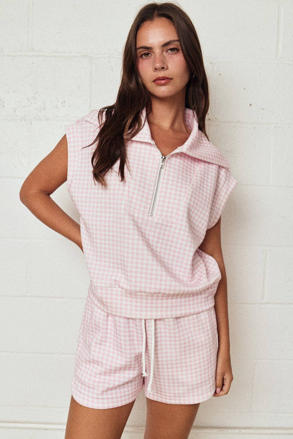 Papermoon - PX17846-3 - Gingham Zip Up Top Short Set: PINK / S-M-L (3-2-1)
